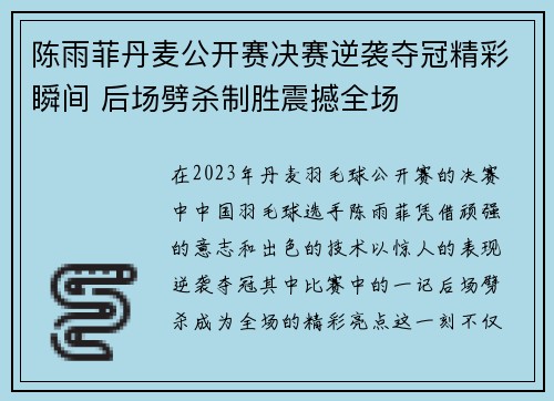 陈雨菲丹麦公开赛决赛逆袭夺冠精彩瞬间 后场劈杀制胜震撼全场 陈雨菲丹麦公开赛决赛逆袭夺冠精彩瞬间 后场劈杀制胜震撼全场