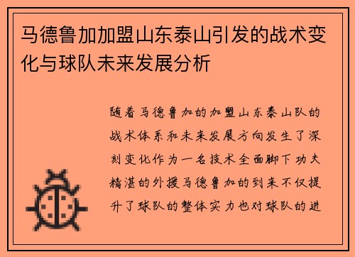 马德鲁加加盟山东泰山引发的战术变化与球队未来发展分析
