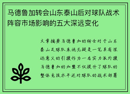 马德鲁加转会山东泰山后对球队战术阵容市场影响的五大深远变化