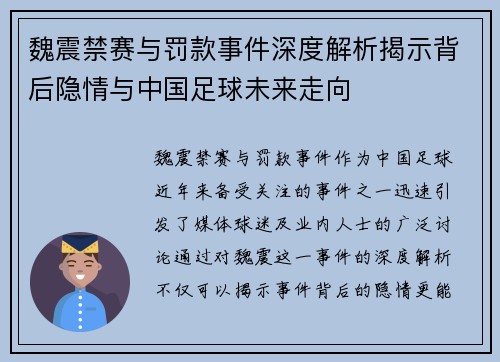 魏震禁赛与罚款事件深度解析揭示背后隐情与中国足球未来走向